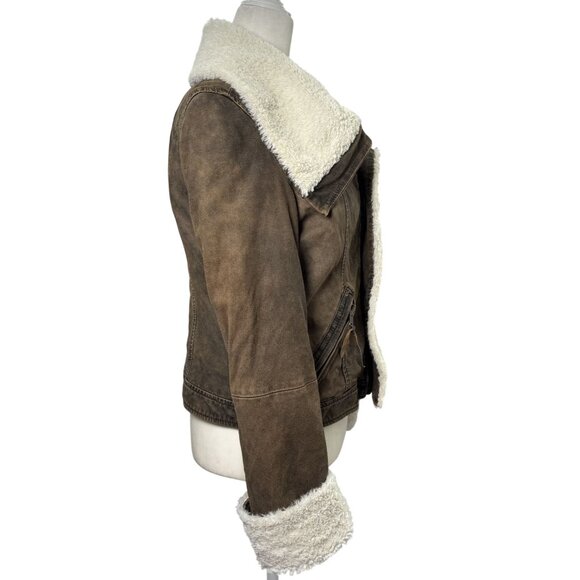 Women Small Sherpa Lined Faux Leather Aviator Bomber Jacket Brown Winter - Picture 4 of 10